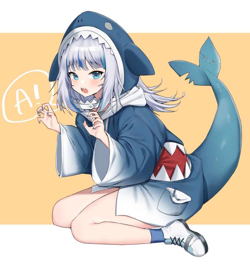 1girl absurdres animal_hood bare_legs blue_hair blue_hoodie blue_legwear blue_nails blush catchphrase claw_pose commentary cross-laced_footwear english_commentary eyebrows_visible_through_hair fangs full_body gawr_gura highres hololive hololive_english hood long_hair looking_at_viewer mashilemo multicolored_hair nail_polish open_mouth orange_background shark_hood shark_tail sharp_teeth shoes silver_hair simple_background sitting socks solo speech_bubble streaked_hair symbol_commentary tail teeth thighs two-tone_hair virtual_youtuber wariza white_footwear wide_sleeves