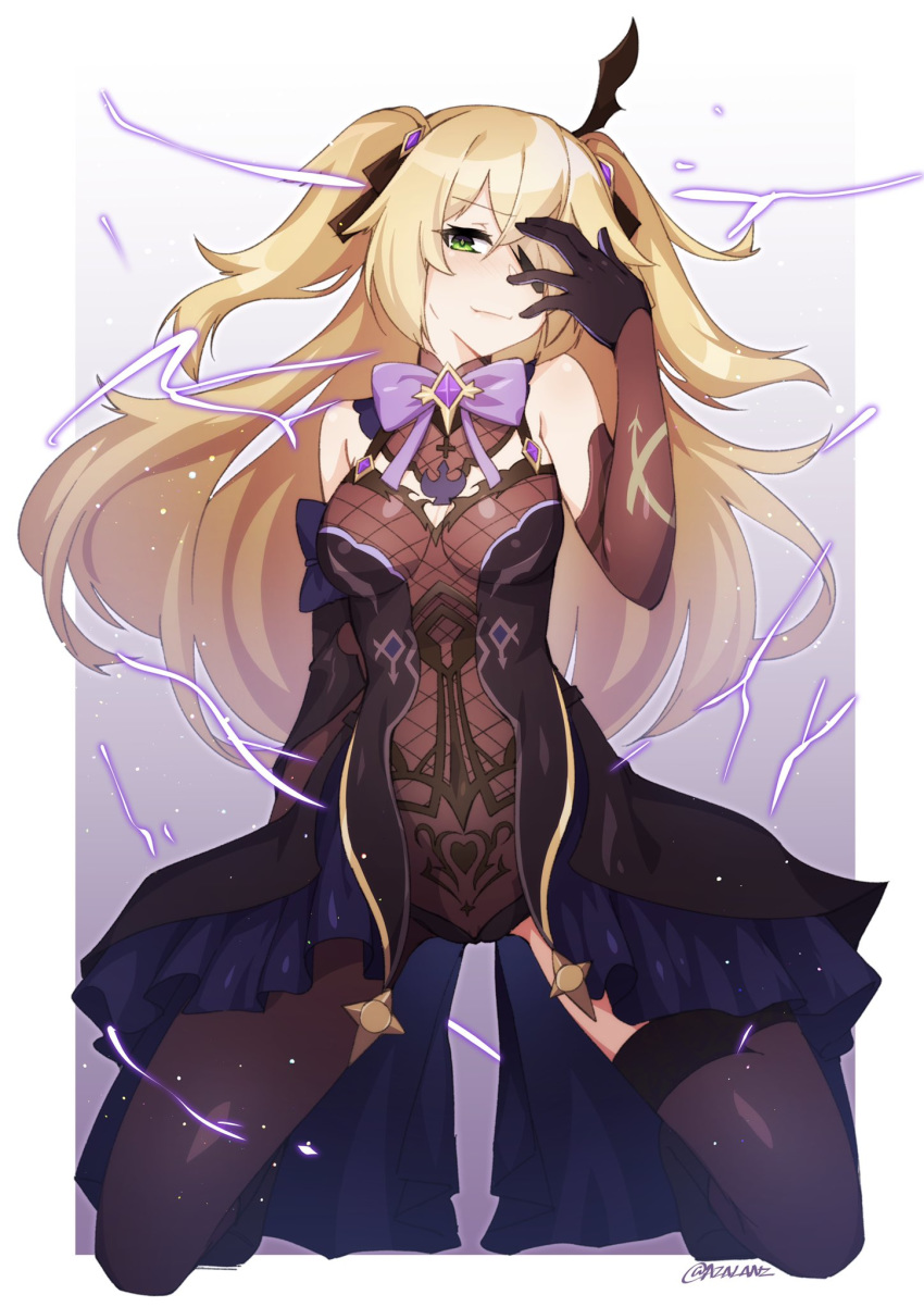 1girl bare_shoulders blonde_hair bodysuit border breasts elbow_gloves eyepatch fischl_(genshin_impact) genshin_impact gloves green_eyes groin_tendon hair_over_one_eye hand_over_eye highres kneeling long_hair looking_at_viewer medium_breasts outside_border purple_background single_thighhigh smile solo thigh-highs thighs tilt-shift twitter_username white_border