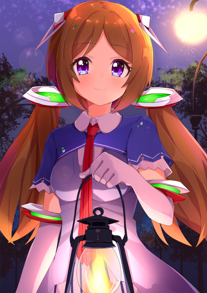 1girl aki_rosenthal ame. bangs blush breasts brown_hair closed_mouth commentary_request detached_hair dress elbow_gloves eyebrows_visible_through_hair full_moon gloves headgear highres holding holding_lantern hololive lamppost lantern long_hair looking_at_viewer low_twintails medium_breasts moon night night_sky outdoors parted_bangs red_neckwear short_sleeves shrug_(clothing) sky smile solo tree twintails very_long_hair violet_eyes virtual_youtuber white_dress white_gloves