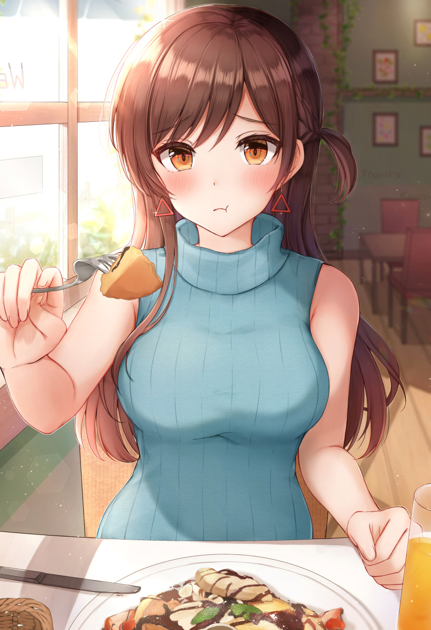 1girl :t absurdres bangs bare_arms bare_shoulders blush breasts brown_eyes brown_hair cake closed_mouth collarbone commentary_request earrings eating eyebrows_visible_through_hair feeding food fork glass highres holding holding_fork incoming_food indoors jewelry kanojo_okarishimasu knife large_breasts long_hair looking_at_viewer mizuhara_chizuru one_side_up plate pout pov_across_table restaurant sitting sleeveless sleeveless_turtleneck solo sweater table triangle_earrings turtleneck window wooden_floor yukiunag1