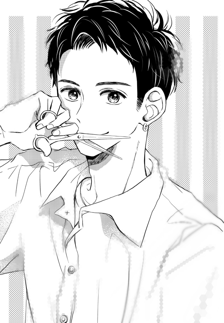 1boy blurry buttons closed_mouth collared_shirt commentary commentary_request earrings fingernails greyscale halftone hatching_(texture) highres holding holding_scissors jewelry linear_hatching looking_at_viewer male_focus monochrome open_collar original saitou_shiori_(pixiv14549321) scissors shirt short_hair smile solo striped striped_background t-shirt two-tone_background upper_body vertical_stripes very_short_hair