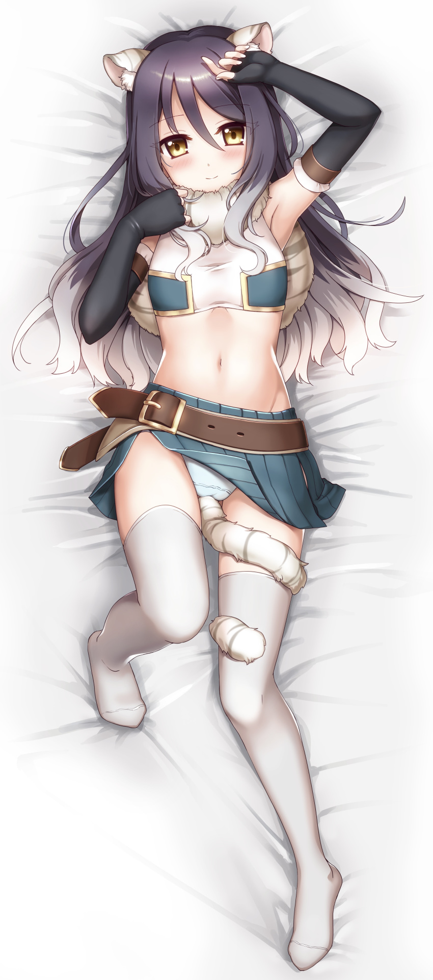 1girl absurdres animal_ear_fluff animal_ears arm_up armpits bandeau bangs bare_shoulders bed_sheet belt black_gloves black_hair blush breasts brown_belt capelet commentary_request crop_top dakimakura elbow_gloves eyebrows_visible_through_hair fingerless_gloves full_body fur_capelet gloves gradient_hair green_panties green_skirt groin hair_between_eyes highres kaiba_tomoyuki long_hair looking_at_viewer lying midriff miniskirt multicolored_hair navel on_back panties princess_connect! princess_connect!_re:dive shadow shiori_(princess_connect!) sidelocks skindentation skirt small_breasts smile solo striped_tail tail thigh-highs tiger_ears tiger_tail underwear white_legwear yellow_eyes zettai_ryouiki