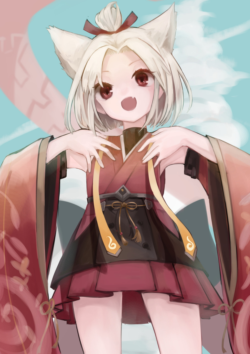1girl absurdres azur_lane bangs bare_shoulders clouds day detached_sleeves fang flat_chest from_below hands_on_own_chest hemorina highres japanese_clothes kimono looking_at_viewer miniskirt open_mouth parted_bangs red_eyes red_kimono red_ribbon ribbon shikigami short_hair shouhou_(azur_lane) skirt sleeveless sleeveless_kimono topknot white_hair wide_sleeves yellow_ribbon yellow_rope