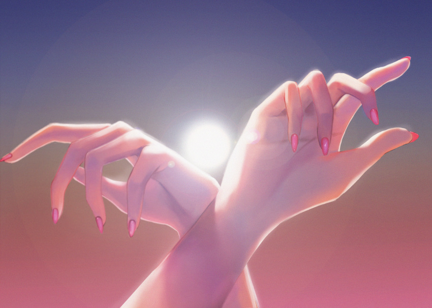 1girl absurdres arms_up blurry blurry_background close-up commentary_request fingernails hands highres huge_filesize nail_polish nekobell original out_of_frame pink_nails solo sun
