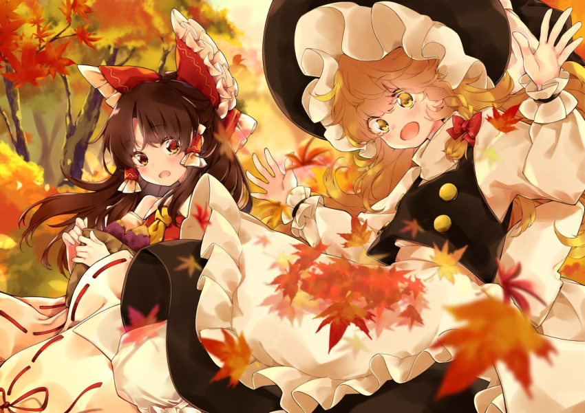 2girls :d apron ascot autumn_leaves bangs black_headwear black_skirt black_vest blonde_hair blush bow brown_hair commentary_request detached_sleeves food frilled_bow frilled_hat frills hair_bow hair_tubes hakurei_reimu hat holding holding_food kirisame_marisa leaf long_hair long_sleeves maple_leaf meji_aniki multiple_girls open_mouth puffy_sleeves red_bow red_eyes red_shirt shirt skirt smile sweet_potato symbol_commentary touhou tree turtleneck vest wavy_hair white_shirt wide_sleeves witch_hat yellow_eyes yellow_neckwear