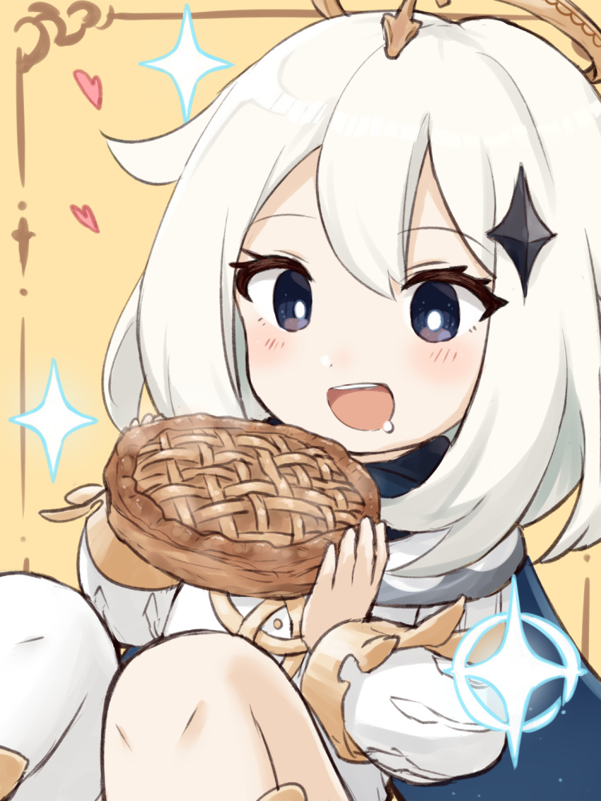 1girl :d bangs blue_cape brown_background cape commentary_request dress drooling engiyoshi eyebrows_visible_through_hair food genshin_impact hair_between_eyes halo heart highres holding holding_food knees_up long_sleeves open_mouth paimon_(genshin_impact) pie saliva single_thighhigh sitting smile solo sparkle thigh-highs violet_eyes white_dress white_hair white_legwear