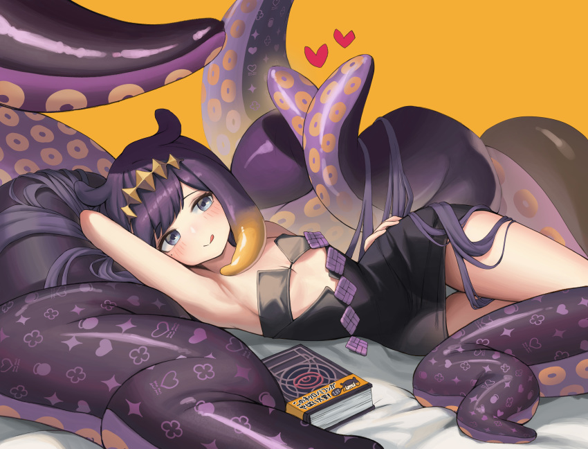 1girl absurdres arm_up armpits bangs bed black_dress black_eyes book clover_print diamond_(symbol) dong_ji dress flat_chest heart heart_print highres hololive hololive_english long_hair lying mole mole_under_eye ninomae_ina'nis on_bed on_side panties pantyshot purple_hair solo strapless strapless_dress tentacles tongue tongue_out underwear very_long_hair virtual_youtuber white_panties yellow_background