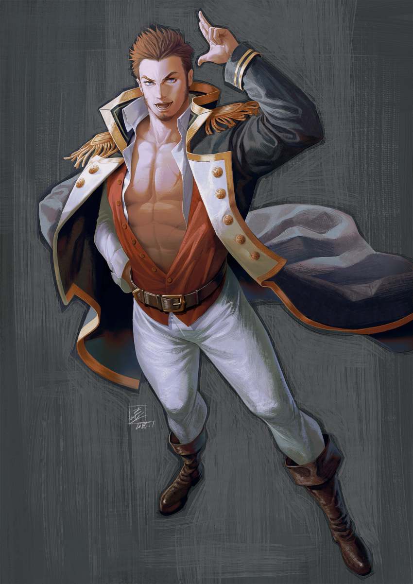 1boy abs beard belt bihu_(smallpot88) blue_eyes boots brown_hair chest epaulettes facial_hair fate/grand_order fate_(series) full_body highres long_sleeves looking_at_viewer male_focus military military_uniform muscle napoleon_bonaparte_(fate/grand_order) open_clothes pants pectorals scar short_hair simple_background smile solo uniform