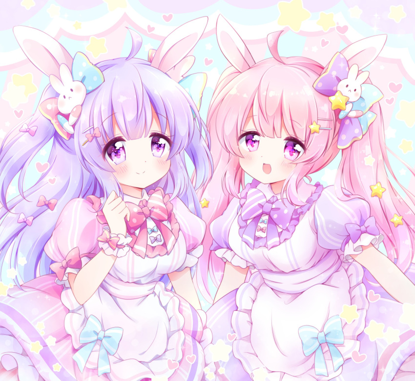 2girls absurdres animal_ears apron bow bowtie breasts bunny_hair_ornament chiika_(cure_cherish) cowboy_shot dress hair_bow hair_ornament hairclip highres long_hair maid_apron multiple_girls original pink_hair puffy_short_sleeves puffy_sleeves purple_hair rabbit_ears scrunchie short_sleeves star_(symbol) two_side_up violet_eyes