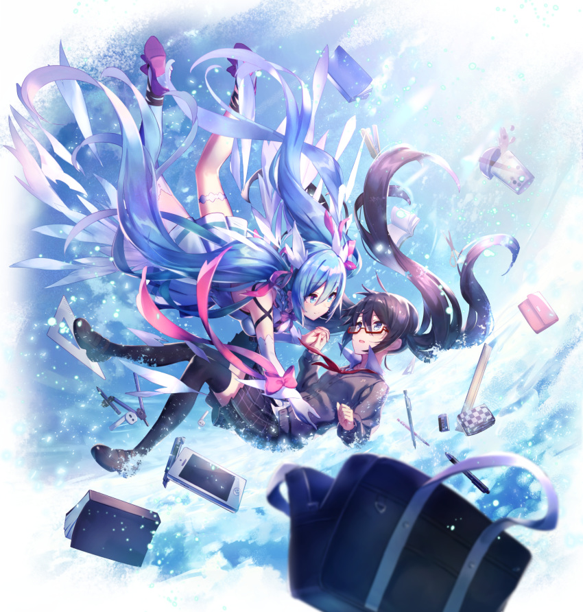 2girls bag bangs black_hair black_legwear black_skirt blue_eyes blue_hair book breasts brown_cardigan brown_footwear bubble_tea cardigan cellphone closed_mouth collared_shirt commentary_request cup disposable_cup dress eraser eye_contact eyebrows_visible_through_hair hair_between_eyes hatsune_miku highres liebe loafers long_hair looking_at_another medium_breasts multiple_girls neckerchief parted_lips pencil phone pleated_dress pleated_skirt protractor purple_footwear red-framed_eyewear red_neckwear ruler school_bag semi-rimless_eyewear shirt shoe_soles shoes single_thighhigh skirt smile stationery thigh-highs twintails under-rim_eyewear very_long_hair vocaloid white_dress white_legwear white_shirt