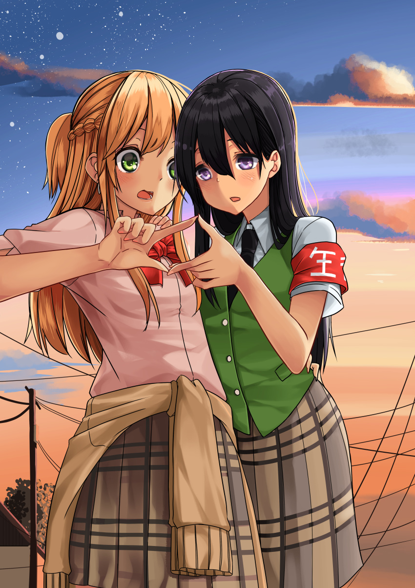 2girls absurdres aihara_mei aihara_yuzu armband bangs black_hair black_neckwear blonde_hair bow bowtie braid brown_skirt brown_sweater buttons citrus_(saburouta) clothes_around_waist clouds earrings fingernails green_eyes green_shirt green_sweater_vest hair_between_eyes hand_on_another's_back hand_on_another's_shoulder highres hoop_earrings jewelry long_hair multiple_girls necktie open_mouth outdoors pink_nails pink_shirt plaid plaid_skirt power_lines red_neckwear school_uniform shirt skirt sky step-siblings sweater sweater_around_waist sweater_vest sweet_reverie utility_pole violet_eyes