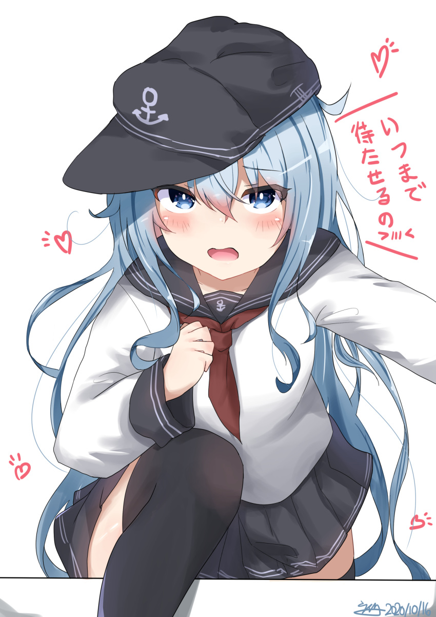 1girl absurdres anchor_symbol black_headwear black_legwear black_sailor_collar black_skirt blue_eyes blush dated dreamusun eyebrows_visible_through_hair flat_cap hair_between_eyes hat heart hibiki_(kantai_collection) highres kantai_collection long_hair long_sleeves neckerchief open_mouth pleated_skirt red_neckwear sailor_collar school_uniform serafuku signature silver_hair simple_background skirt solo thigh-highs white_background