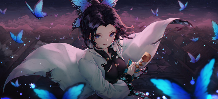 1girl animal bangs black_hair black_jacket blue_eyes blurry blurry_foreground breasts bug butterfly butterfly_hair_ornament cloak commentary_request depth_of_field forehead h2o_(dfo) hair_ornament highres insect jacket katana kimetsu_no_yaiba kochou_shinobu long_sleeves looking_at_viewer night night_sky open_cloak open_clothes outdoors parted_bangs parted_lips ponytail ready_to_draw sky small_breasts solo sword torn_jacket v-shaped_eyebrows weapon wide_sleeves