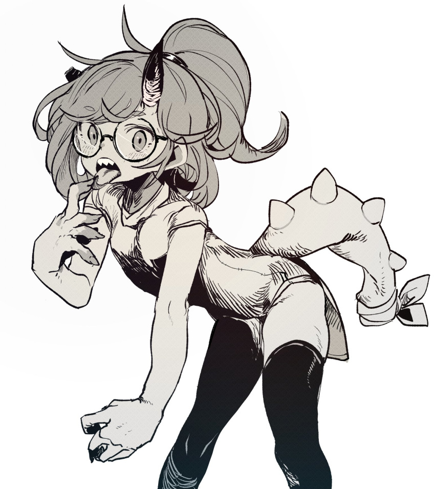 1girl belt_pouch bent_over blush broken_horn china_dress chinese_clothes ddari dress glasses hand_up highres horns looking_at_viewer open_mouth original ponytail pouch round_eyewear simple_background single_horn solo spiked_tail tail thigh-highs tongue tongue_out white_background