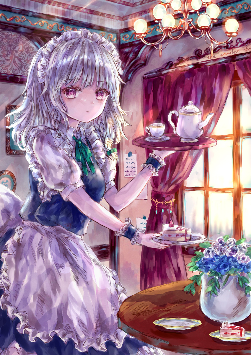 1girl absurdres apron blue_dress blue_flower braid breasts cake cake_slice chandelier commentary_request cup dress expressionless eyebrows_visible_through_hair flower food frilled_cuffs fruit green_neckwear green_ribbon highres holding holding_plate holding_tray indoors izayoi_sakuya looking_at_viewer maid maid_apron maid_headdress medium_breasts medium_hair neck_ribbon parted_lips plant plate potted_plant puffy_short_sleeves puffy_sleeves red_curtains red_eyes ribbon short_sleeves silver_hair single_braid solo standing strawberry suzushina table teacup teapot touhou tray window