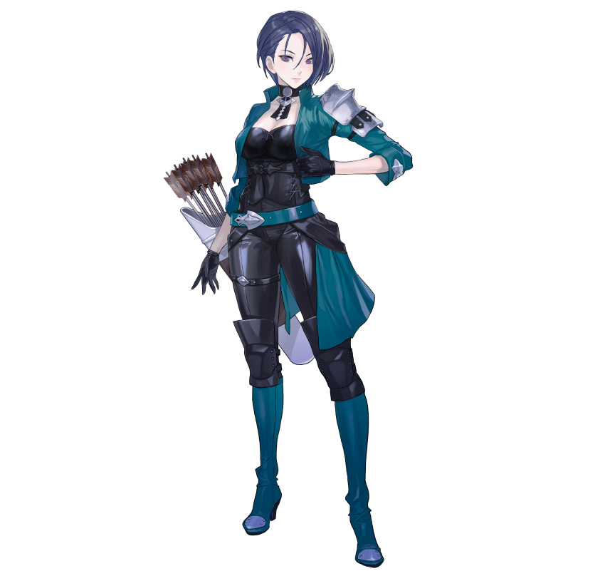 1girl absurdres armor arrow_(projectile) bangs belt black_gloves boots breasts closed_mouth commentary_request fire_emblem fire_emblem:_three_houses fire_emblem_heroes full_body gloves green_jacket highres jacket knee_boots looking_at_viewer maeshima_shigeki medium_breasts official_art open_clothes pale_skin pants parted_bangs quiver shamir_nevrand short_hair shoulder_armor simple_background solo standing white_background