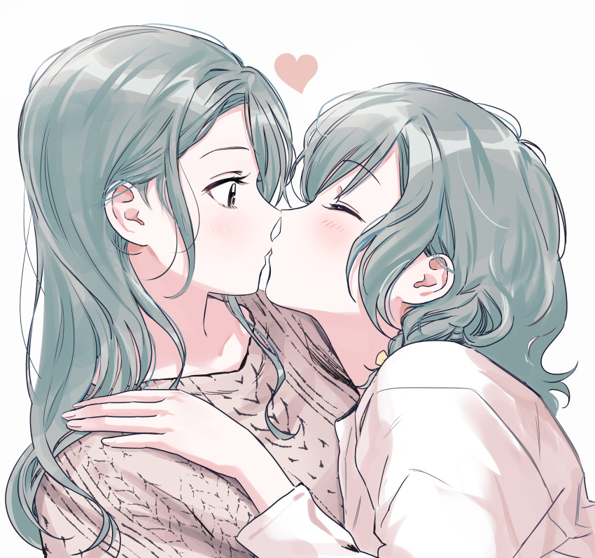 2girls absurdres aqua_hair aran_sweater bang_dream! bangs blush bow braid brown_sweater closed_eyes closed_mouth commentary_request face-to-face facing_another fingernails from_side green_eyes grey_background hair_behind_ear hair_bow hand_on_another's_shoulder hand_up heart highres hikawa_hina hikawa_sayo imminent_kiss incest korean_commentary long_hair long_sleeves looking_at_another medium_hair multiple_girls profile shirt siblings side_braid simple_background sisters sweater swept_bangs twincest twins upper_body white_shirt yellow_bow yuri zihacheol