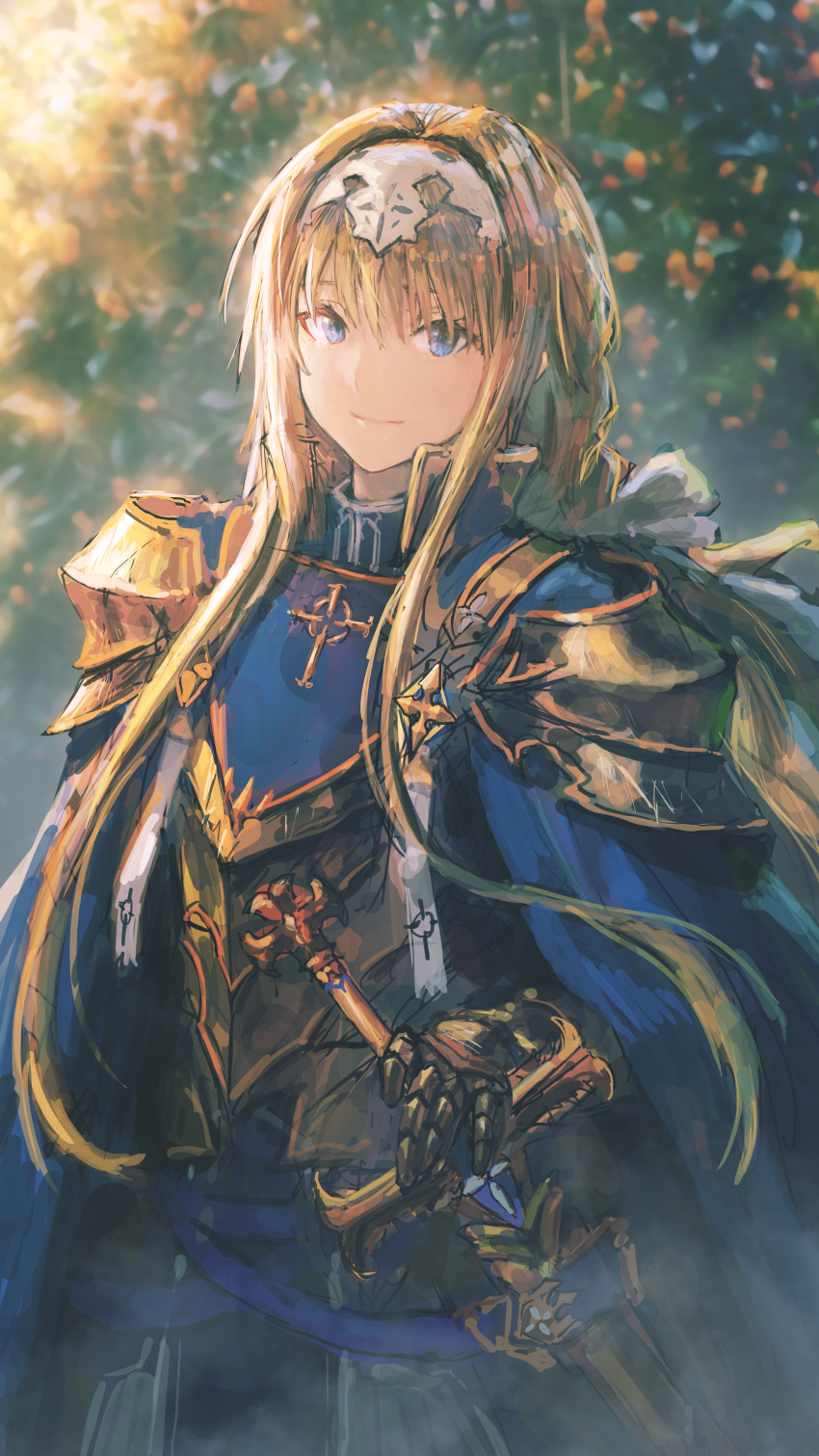 1girl absurdres alice_zuberg armor bangs blonde_hair blue_cloak blue_eyes breastplate cloak closed_mouth commentary_request cowboy_shot gauntlets gold_armor hair_between_eyes hand_on_hilt headpiece highres huge_filesize long_hair looking_at_viewer pauldrons scabbard sheath sheathed shoulder_armor sidelocks sketch smile solo sword sword_art_online sword_art_online:_alicization tomok1 weapon