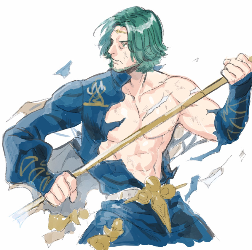 1boy abs beard circlet closed_mouth facial_hair fire_emblem fire_emblem:_three_houses fire_emblem_heroes green_hair highres holding holding_weapon looking_afar male_focus nipples nitako polearm seteth_(fire_emblem) simple_background solo torn_clothes upper_body weapon white_background