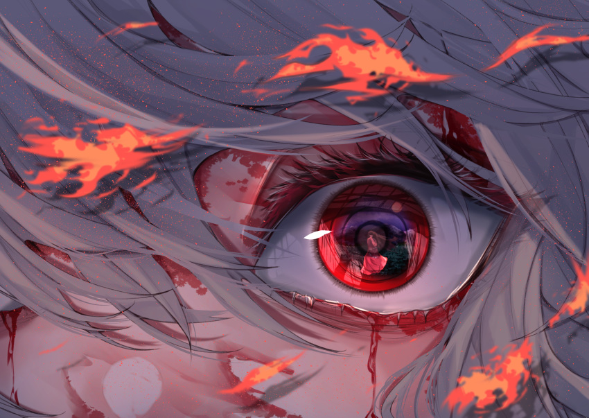 2girls blood blood_on_face bloody_tears brown_hair close-up commentary eyelashes fall_dommmmmer fire floating floating_hair fujiwara_no_mokou full_moon highres houraisan_kaguya long_hair moon mountain multiple_girls ojou-sama_pose red_skirt reflective_eyes silver_hair single_eye skirt touhou very_long_hair