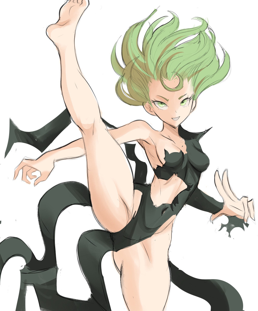 1girl bare_arms bare_shoulders barefoot black_dress breasts covered_navel dress floating_hair green_eyes green_hair highres long_sleeves medium_breasts one-punch_man parted_lips rakeem_garcia-cueto simple_background smile solo split standing standing_on_one_leg standing_split tatsumaki torn_clothes torn_dress white_background