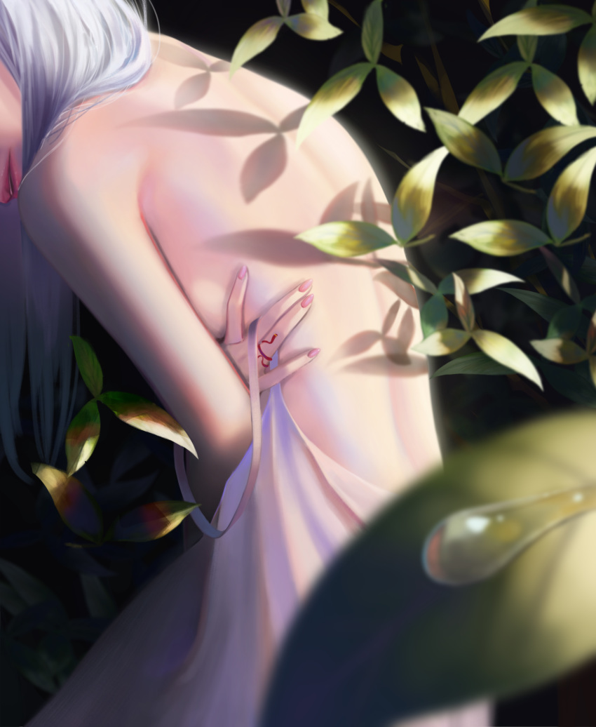 1girl absurdres back bare_shoulders commentary_request dress fingernails from_side grey_hair head_out_of_frame highres jewelry leaf long_hair nail_polish nekobell original outdoors parted_lips plant red_nails ring solo water_drop white_dress