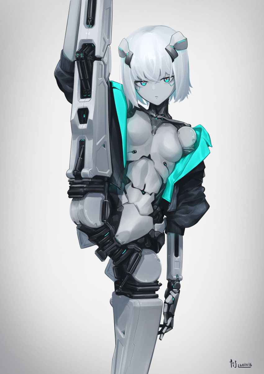 1girl android aqua_eyes arm_at_side blue_eyes breasts commentary_request cropped_jacket expressionless grey_background grey_skin highres humanoid_robot jacket joints looking_at_viewer multicolored multicolored_eyes open_clothes open_jacket original robot robot_joints short_hair small_breasts solo split standing standing_on_one_leg standing_split tafuu_(tortafu) white_hair