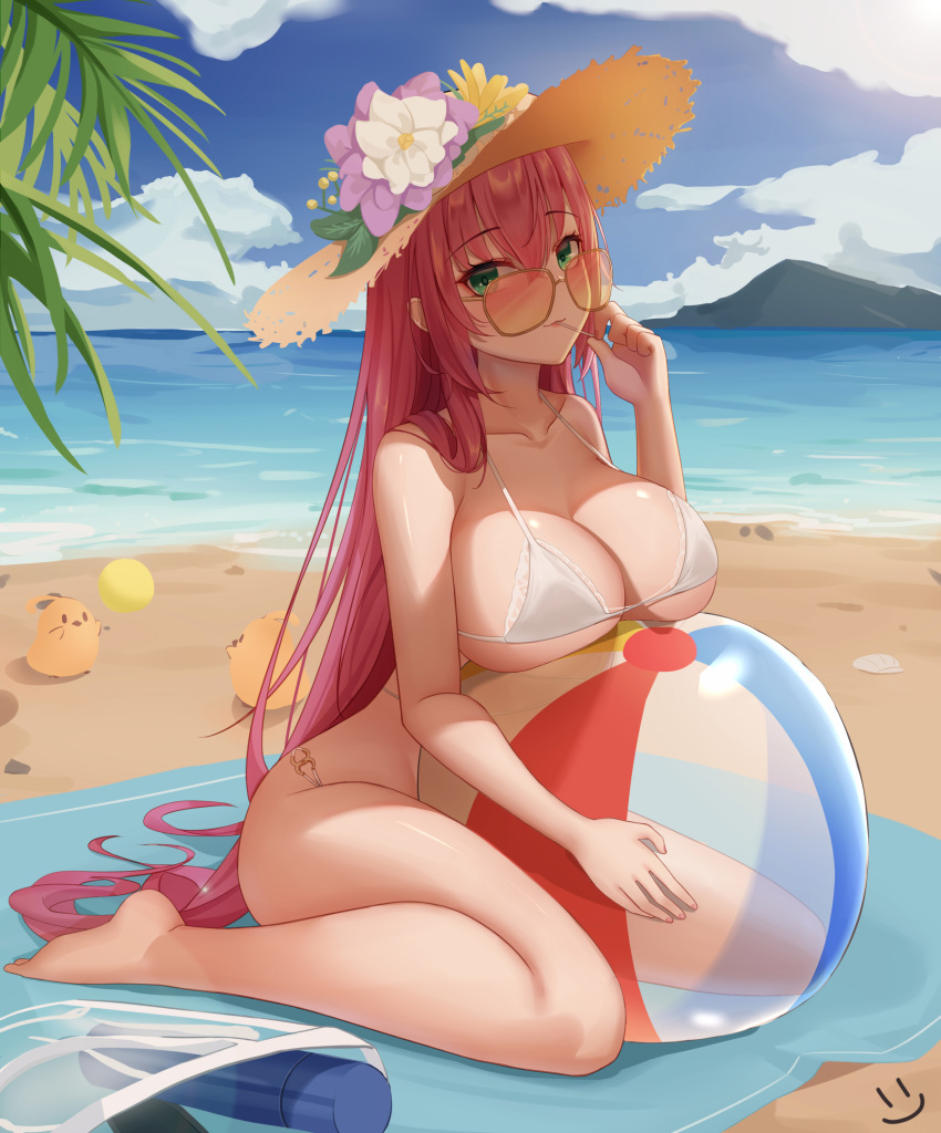 1girl absurdres azur_lane ball bangs barefoot beach bikini blue_sky breast_rest breasts closed_mouth clouds day eyebrows_visible_through_hair flower full_body green_eyes hat hat_flower highres large_breasts long_hair looking_at_viewer ocean outdoors redhead sand school_uniform sitting sky smile solo straw_hat surcouf_(azur_lane) surcouf_(loisirs_balneaires)_(azur_lane) swimsuit wariza wei_xiao white_bikini