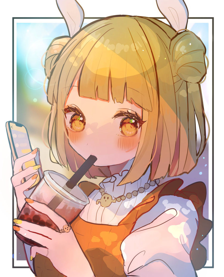1girl bangs blonde_hair blunt_bangs blurry blush bokeh border breasts bubble_tea cellphone chikuwa_(tikuwaumai_) commentary_request cup depth_of_field double_bun dress drinking drinking_straw drinking_straw_in_mouth eyebrows_visible_through_hair haniwa_(statue) highres holding holding_cup holding_phone jewelry joutouguu_mayumi lens_flare medium_breasts multicolored multicolored_nails nail_polish orange_dress orange_nails phone puffy_short_sleeves puffy_sleeves ring shirt short_hair short_sleeves smartphone solo touhou upper_body white_shirt yellow_eyes yellow_nails