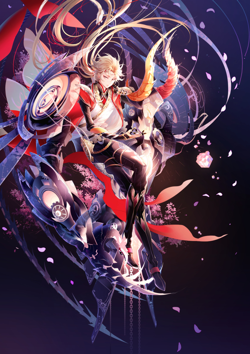 1boy black_pants blonde_hair chain ching_nu_yu_hun_2 claws dark_background full_body grey_eyes hand_up highres hpknight long_hair looking_at_viewer male_focus pants solo tentacles very_long_hair