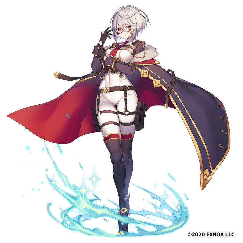 1girl bangs black_cape black_gloves blue_fire bodysuit breasts cape commentary_request covered_navel fire fur_trim glasses gloves grey_hair highres looking_at_viewer medium_breasts official_art original red_cape short_hair simple_background solo tubumi white_background white_bodysuit