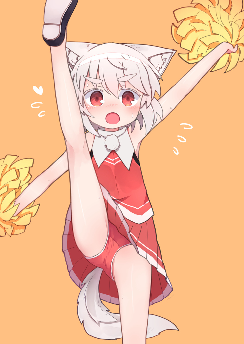 1girl :o absurdres animal_ear_fluff animal_ears arm_up bangs bare_shoulders black_footwear blush brown_background cheerleader eyebrows_visible_through_hair flying_sweatdrops hair_between_eyes heart highres holding inubashiri_momiji kibisake leg_up looking_at_viewer nose_blush open_mouth outstretched_arms panties pleated_skirt pom_poms red_eyes red_panties red_shirt red_skirt shirt shoe_soles shoes silver_hair simple_background skirt sleeveless sleeveless_shirt solo split standing standing_on_one_leg standing_split sweat tail thick_eyebrows touhou underwear wolf_ears wolf_girl wolf_tail