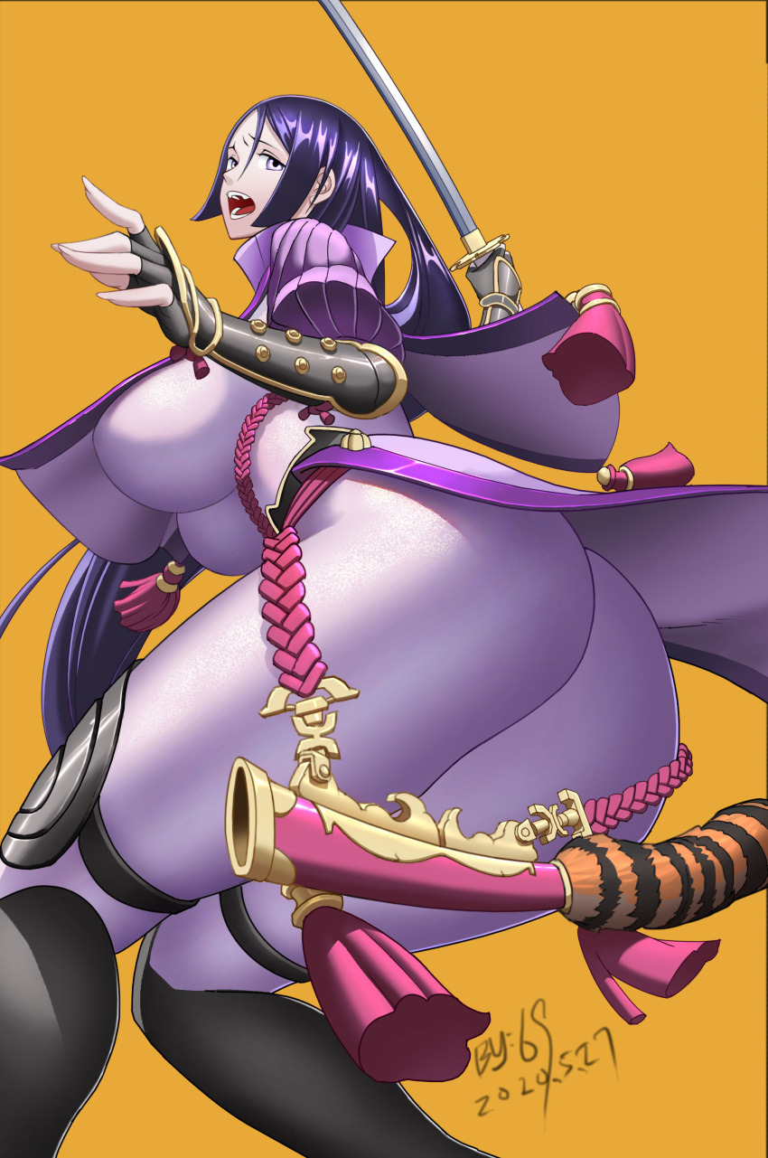 1girl 69_(86) absurdres arm_guards armor ass bangs black_gloves bodysuit breasts curvy fate/grand_order fate_(series) fingerless_gloves gloves highres holding holding_sword holding_weapon japanese_armor katana large_breasts loincloth long_hair low-tied_long_hair minamoto_no_raikou_(fate/grand_order) open_mouth parted_bangs purple_bodysuit purple_hair ribbed_sleeves rope sheath sword tabard tail tiger_tail very_long_hair violet_eyes weapon