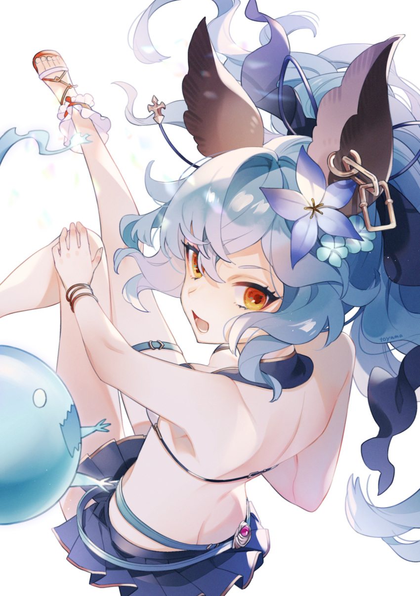 1girl animal_ears bare_arms bare_legs bare_shoulders bikini breasts brown_eyes erune eyebrows ferry_(granblue_fantasy) flower granblue_fantasy hair_flower hair_ornament highres long_hair looking_at_viewer looking_back open_mouth ponytail sandals solo swimsuit teeth toes tongue toyama572