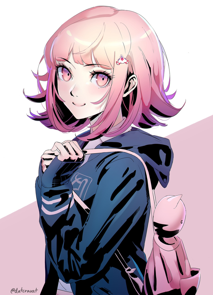 1girl arms_at_sides bag bangs blunt_bangs breasts closed_mouth commentary dangan_ronpa datcravat handbag highres light_brown_hair looking_at_viewer nanami_chiaki neck_ribbon ribbon smile solo super_dangan_ronpa_2 twitter_username upper_body wing_collar