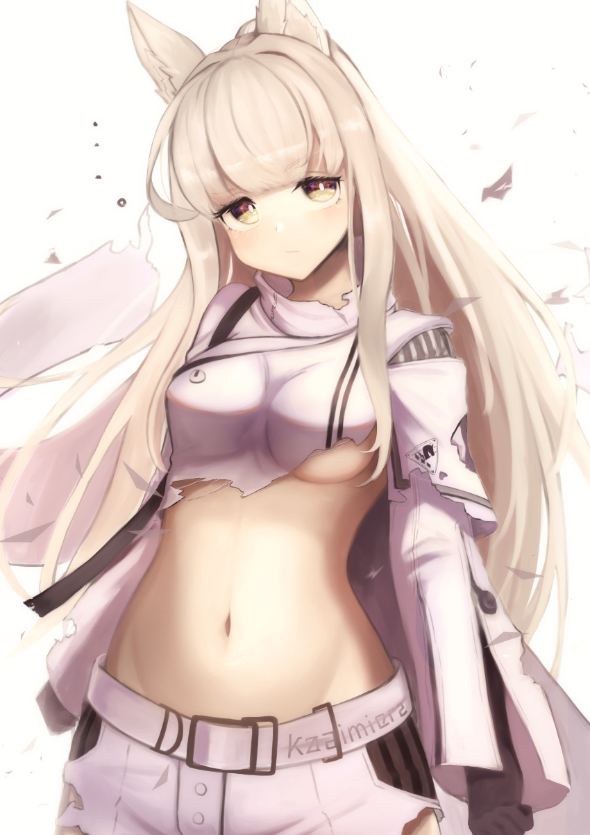 1girl absurdres animal_ears arknights bangs black_gloves breasts commentary_request crop_top gloves grey_eyes groin highres hitsuji_no_rice long_hair long_sleeves looking_at_viewer medium_breasts midriff navel platinum_(arknights) silver_hair simple_background solo stomach upper_body very_long_hair white_background