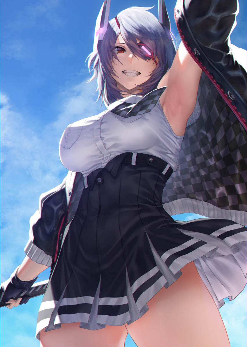 1girl armpits black_gloves blue_sky breasts checkered checkered_neckwear clouds cowboy_shot eyepatch gloves grin headgear highres kantai_collection large_breasts mugetsu2501 necktie off-shoulder_sweater off_shoulder partly_fingerless_gloves purple_hair school_uniform short_hair sky smile sweater sword tenryuu_(kantai_collection) weapon yellow_eyes