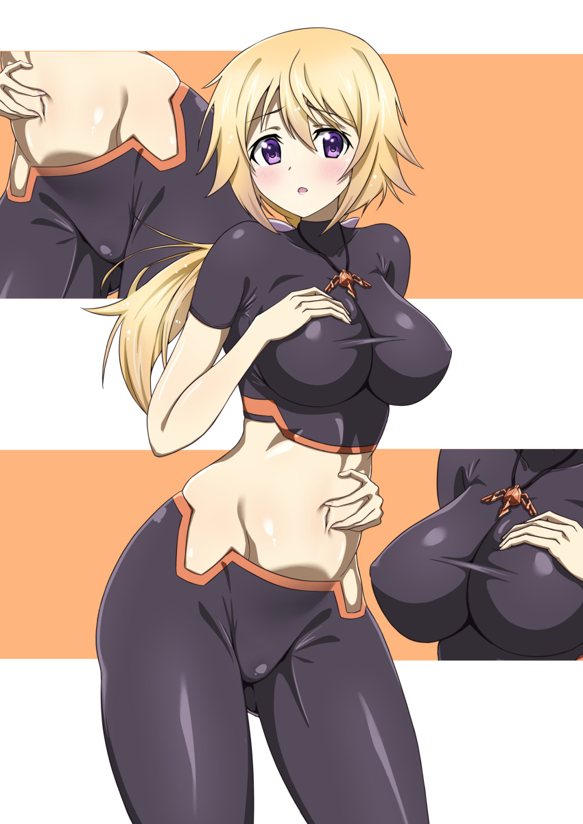 1girl absurdres bike_shorts blonde_hair blush breasts charlotte_dunois covered_nipples hand_on_breast highres infinite_stratos jewelry long_hair medium_breasts midriff multiple_views navel necklace shiny shiny_hair shiny_skin soracone standing taut_clothes violet_eyes