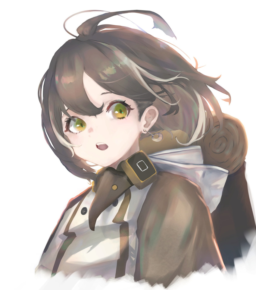 1girl antenna_hair arknights bangs brown_hair commentary_request cropped_torso earrings hair_between_eyes highres jacket jewelry looking_at_viewer magallan_(arknights) open_mouth partial_commentary richa_(rita8kuq) short_hair simple_background solo upper_body white_background yellow_eyes