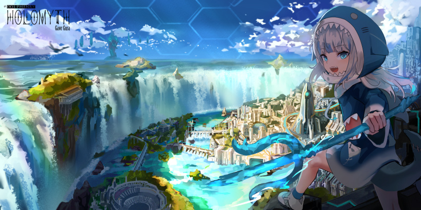 1girl atlantis blue_eyes blue_headwear blue_legwear dome gawr_gura hat highres hololive hololive_english hood hoodie long_hair looking_at_viewer looking_back open_mouth polearm san_ke_yue_shi scenery shark shark_tail sharp_teeth socks solo tail teeth trident virtual_youtuber water waterfall weapon white_footwear white_hair