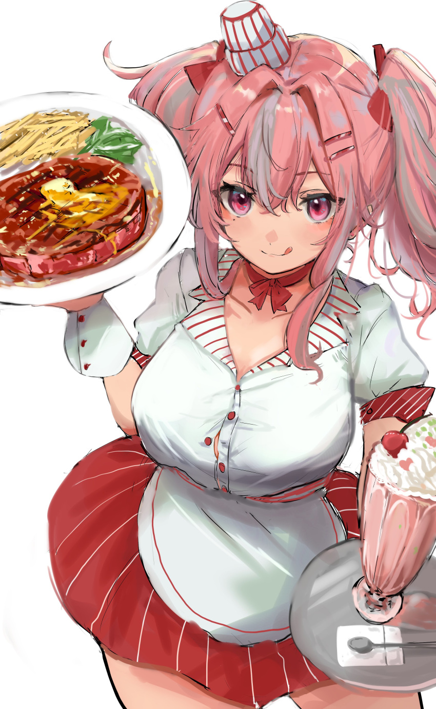 1girl :q absurdres alternate_costume apron azur_lane bangs blush breasts bremerton_(azur_lane) button_gap choker collarbone commentary_request cowboy_shot earrings eyebrows_visible_through_hair food french_fries from_above grey_hair hair_between_eyes hair_ornament hair_ribbon hairclip hat highres holding holding_plate jewelry large_breasts long_hair looking_at_viewer maria_(syake-uni) milkshake mini_hat mole mole_under_eye multicolored_hair pink_eyes pink_hair plate red_choker red_skirt ribbon ribbon_choker shirt short_sleeves sidelocks simple_background sketch skirt smile solo spoon standing steak streaked_hair striped striped_skirt tongue tongue_out twintails two-tone_hair waist_apron waitress white_apron white_background white_shirt wing_collar wrist_cuffs