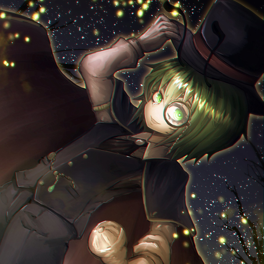 1girl alternate_costume antennae backlighting bangs black_shorts black_vest buttons cape collared_shirt commentary_request commission cravat denpa_rasaito dutch_angle fireflies gloves green_eyes green_hair grey_neckwear hair_between_eyes hat highres holding holding_clothes holding_hat holding_scepter jewelry long_sleeves looking_at_viewer monocle open_mouth red_cape scepter shirt short_hair shorts skeb_commission smile solo star_(sky) top_hat touhou upper_body vest white_gloves white_shirt wriggle_nightbug