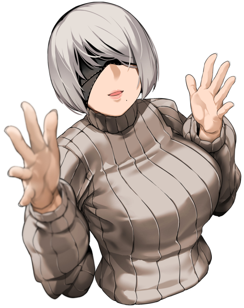 1girl bakkanki black_blindfold blindfold breasts grey_hair hands_up highres large_breasts mole mole_under_mouth nier_(series) nier_automata open_hands ribbed_sweater short_hair smile sweater turtleneck upper_body white_background yorha_no._2_type_b