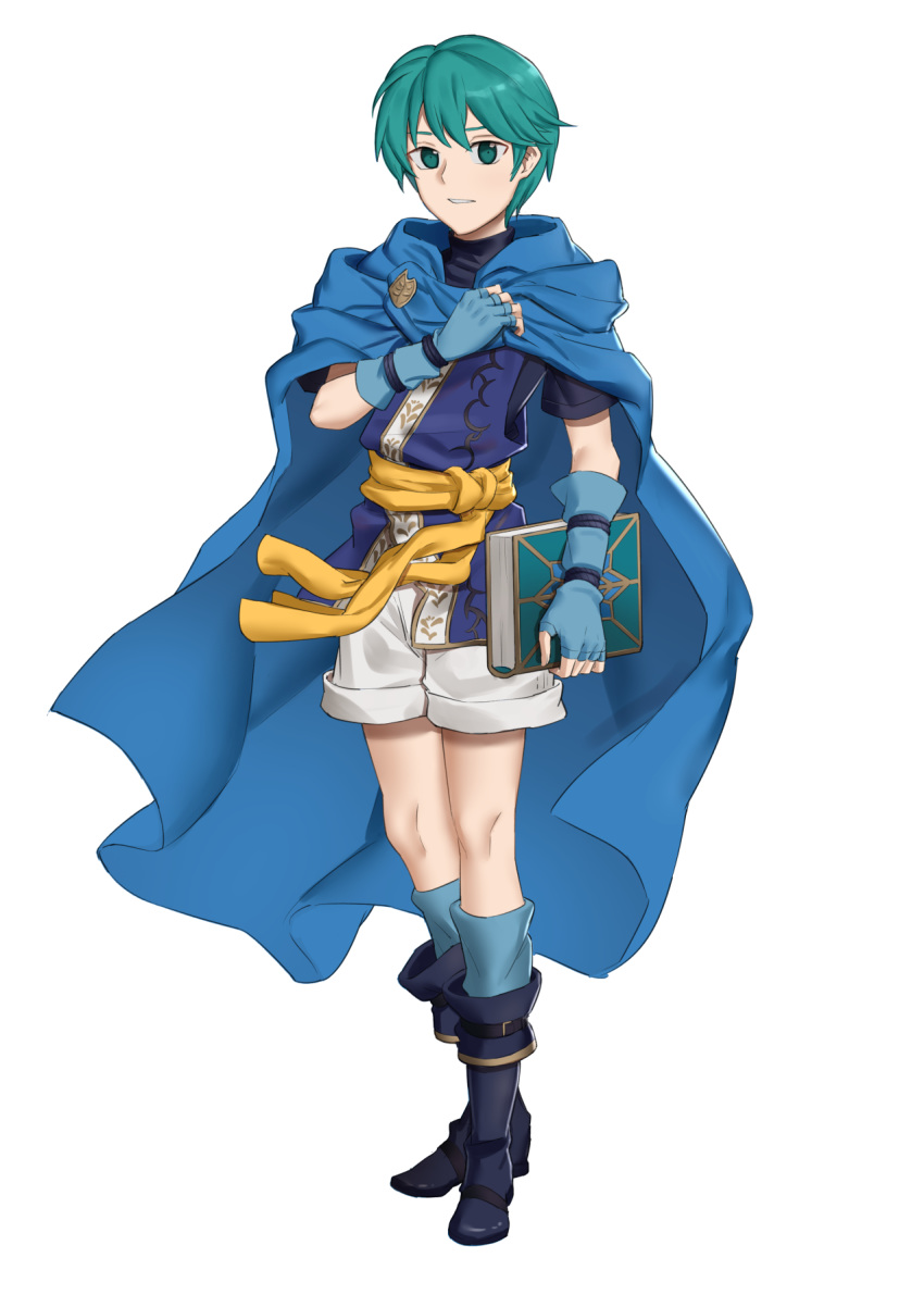 1boy asvel_(fire_emblem) belt blue_eyes blue_hair book boots cape ebinku fingerless_gloves fire_emblem fire_emblem:_thracia_776 full_body gloves highres solo teeth white_background