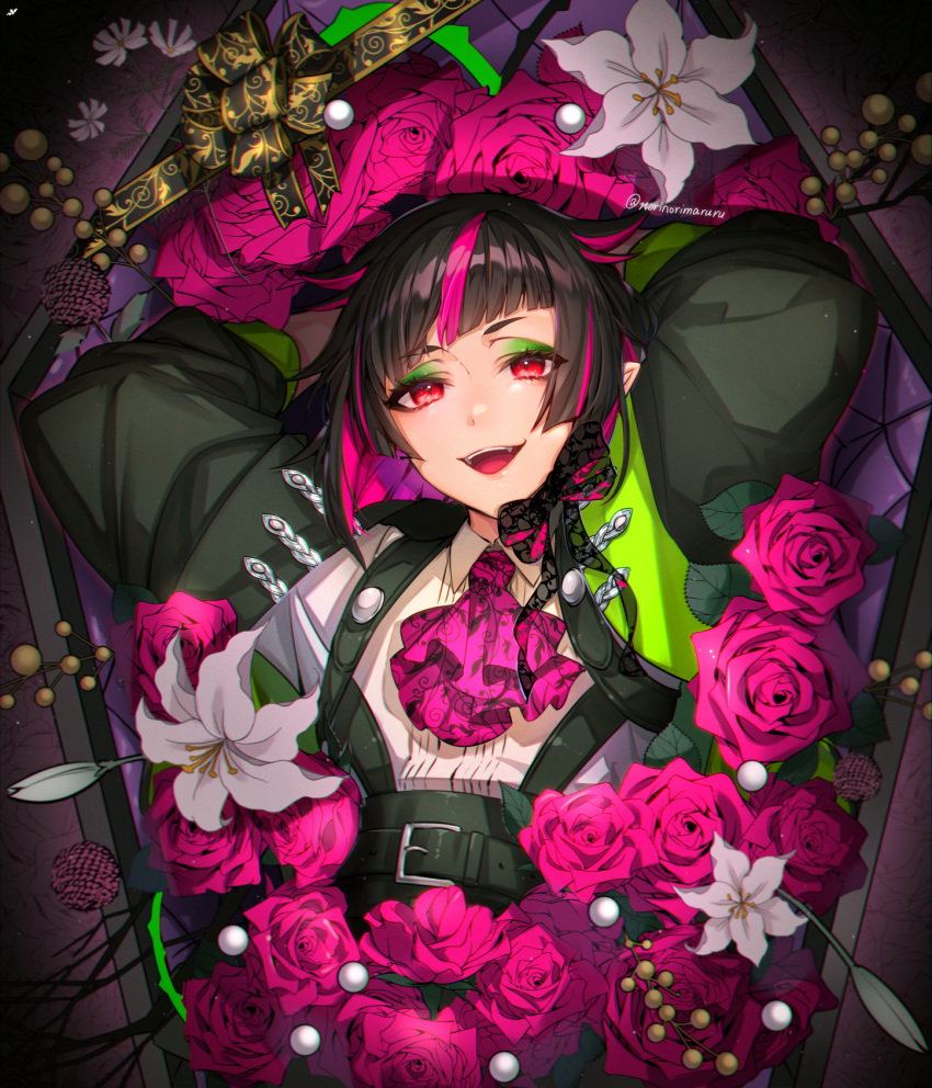1boy alternate_neckwear arms_behind_head black_hair chromatic_aberration coffin collared_shirt cravat eyebrows_visible_through_hair fangs flower green_eyeshadow hair_horns highres lilia_vanrouge long_sleeves multicolored_hair no_hat no_headwear nori_matsu open_mouth patterned_clothing pink_flower pink_hair pink_rose pointy_ears red_eyes rose shiny shiny_hair shiny_skin shirt solo streaked_hair twisted_wonderland twitter_username white_flower