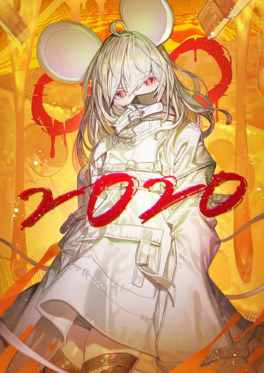 1girl 2020 absurdres animal_ears chinese_zodiac chyan coat commentary covered_mouth english_commentary eyebrows_visible_through_hair head_tilt highres long_sleeves looking_at_viewer mask medium_hair mouse_ears mouth_mask new_year orange_background original red_eyes solo standing straitjacket white_coat white_hair year_of_the_rat