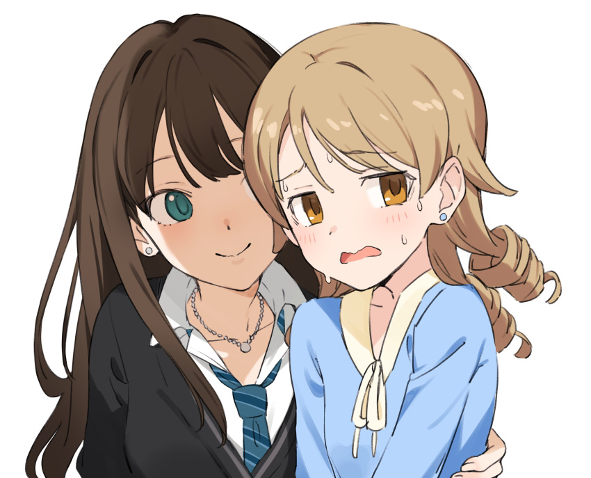 2girls absurdres blue_shirt brown_eyes brown_hair commentary drill_hair earrings green_eyes hand_on_another's_hip highres idolmaster idolmaster_cinderella_girls jewelry light_brown_hair long_hair looking_at_another looking_away morikubo_nono multiple_girls necklace necktie nervous nyum ringlets scared school_uniform shaded_face shibuya_rin shirt smile stud_earrings sweatdrop upper_body white_background