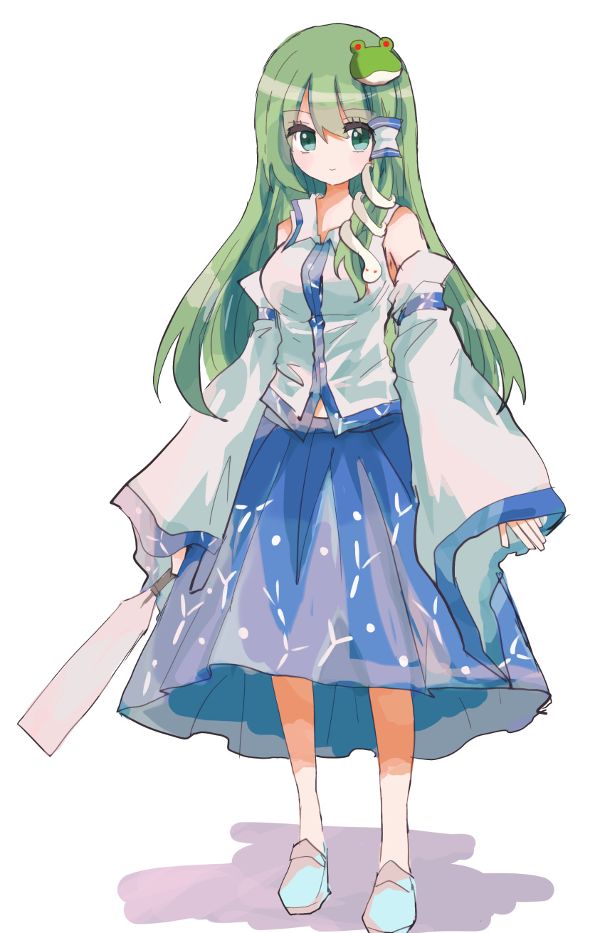 1girl absurdres bare_shoulders blue_skirt breasts closed_mouth commentary_request detached_sleeves eyebrows_visible_through_hair frog_hair_ornament full_body gohei green_eyes green_hair hair_ornament hair_tubes highres holding kochiya_sanae long_hair looking_at_viewer medium_breasts shadow shirt simple_background skirt sleeveless sleeveless_shirt sleeves_past_wrists smile snake_hair_ornament solo standing touhou white_background white_footwear wide_sleeves zabuton_(mgdw5574)