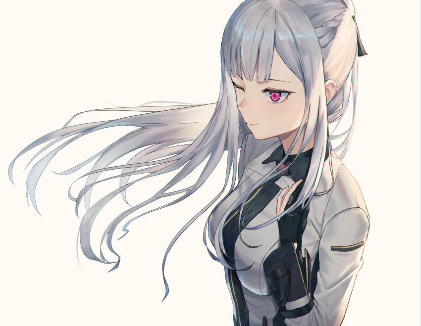1girl absurdres ak-12_(girls_frontline) artificial_eye bangs black_gloves braid breasts closed_mouth collared_shirt french_braid from_above girls_frontline gloves hair_lift hair_ribbon hand_on_own_chest highres large_breasts long_hair mechanical_eye one_eye_closed partly_fingerless_gloves pink_eyes ribbon ritta_(abmnoworld) shirt sidelocks silver_hair tactical_clothes white_background