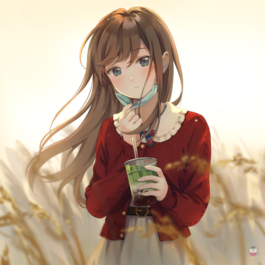 1girl autumn bangs belt blue_bow blurry blurry_background blush bow brown_hair bubble_tea cardigan commentary depth_of_field dress eyebrows_visible_through_hair floating_hair grey_dress highres holding kamui_(kamuikaoru) long_hair long_sleeves looking_at_viewer original parted_lips plaid plaid_bow red_bow red_cardigan solo upper_body